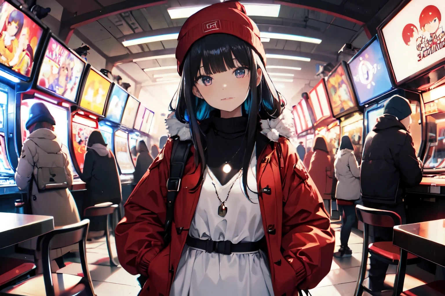 (In 8K, best quality, muste piece:1.2)、ultra high resolution,1 very cute and beautiful girl、ultra-detailed face,detailed eyes,(iridescent light:1.4)、black hair、long straight hair、blunt bangs,detailed hand fingers,expressionless,open mouse,(porcelain skin:1.2),BREAK,long sleeve dress,red duffel coat,red knit hat,Photo taken with a fisheye lens,captivate your audience,amusement arcade