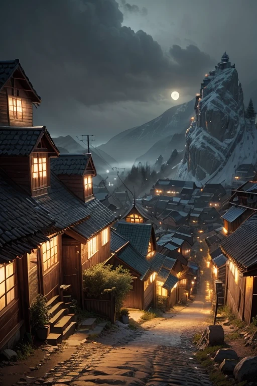 Poor small mountain village streets, villagers, old houses, very detailed, night, gloomy, terrifying, overlooking