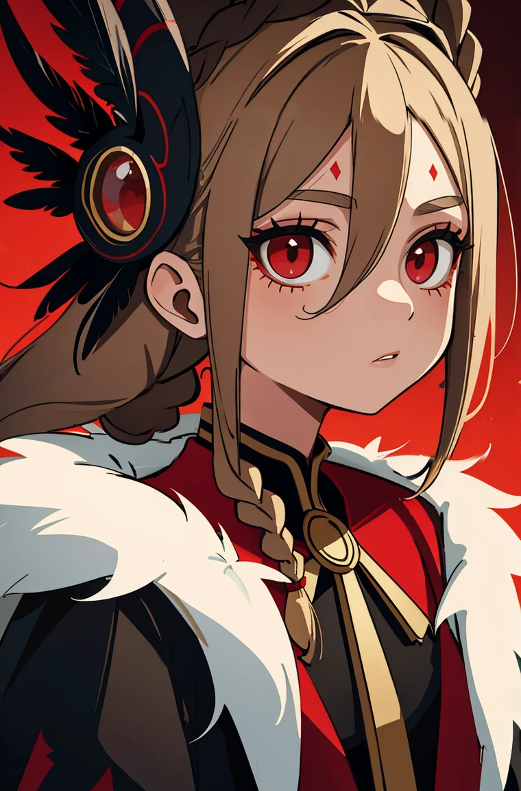 1 garota, Sozinho, Mature girl with dark blonde hair in braids and red eyes, Roupas russas, wearing a feathered masquerade mask