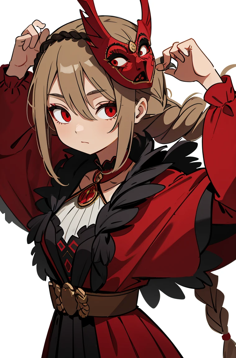 1 garota, Sozinho, Mature girl with dark blonde hair in braids and red eyes, Roupas russas, wearing a feathered masquerade mask