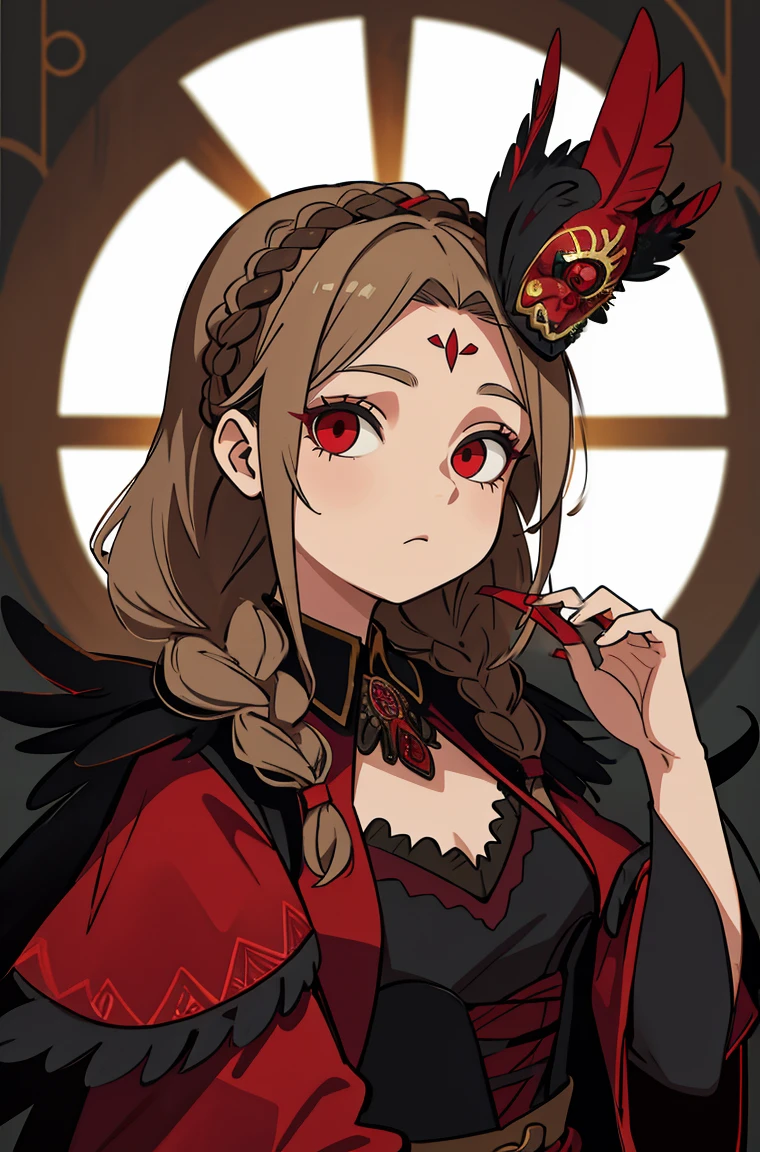 1 garota, Sozinho, Mature girl with dark blonde hair in braids and red eyes, Roupas russas, wearing a feathered masquerade mask