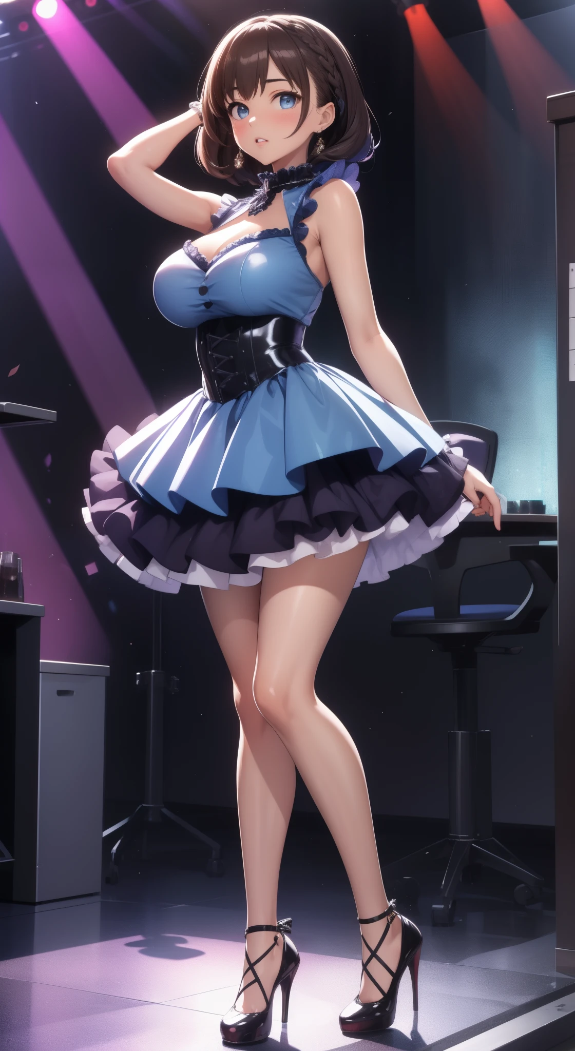 masterpiece, best quality, highly detailed, ultra high res, aichan, large breasts, 1girl, solo, blue eyes, hair ornament, short brown hair, braid, glossy lips, sleeveless idol dress, very puffy skirt, flared skirt, thigh highs, high heels, full body