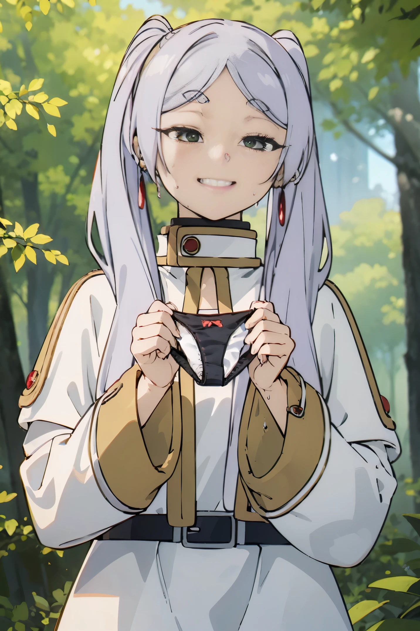 (Best Quality, Masterpiece),sexy,  erotic, 1girl, 18 years old, Contempt, pride, silver hair, ((green eyes)), forest, sweat, ((holding panties)), 2 ponytails, official outfit, ((suspicious grin)), half closed eyes, evil smile, long sleeves