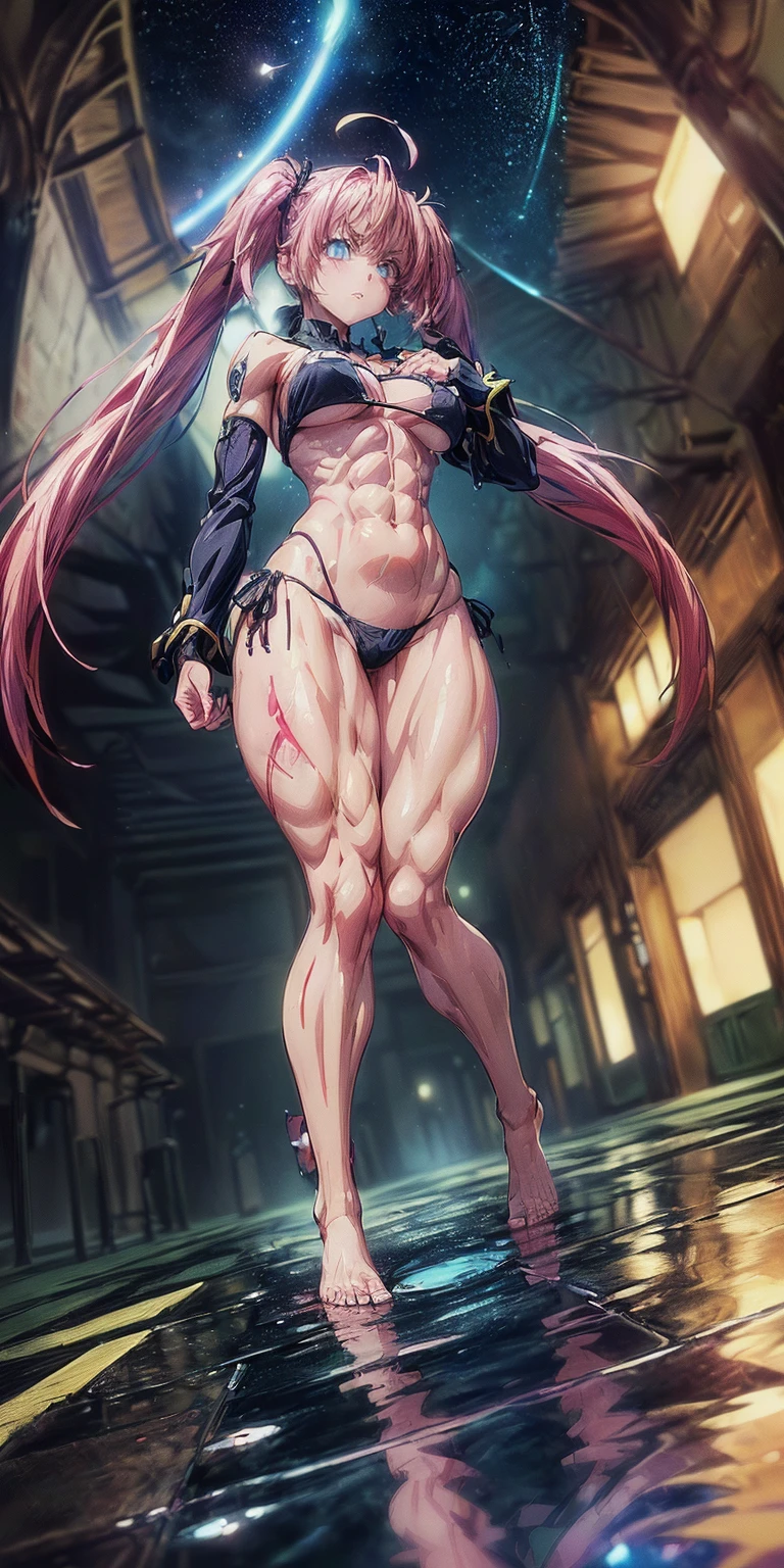 1 girl, (medium breasts))), (((wearing short bikini))), (long pink hair), (((blue eyes))), thin arms, (on the beach at night with starry sky and a full moon of blood), (slim waist), (((muscular leguscular belly, bare feet, (((showing me your big asull body photo), (twintails), long eyes, eye flare, bad mood, anime, anime style, ray tracing, reflection, drop shadow, panorama, Sony FE, 8k, UDisk, masterpiece, accurate, anatomically correct, Super detail, best quality, ultra-high resolution, Hard Udisk, 16k