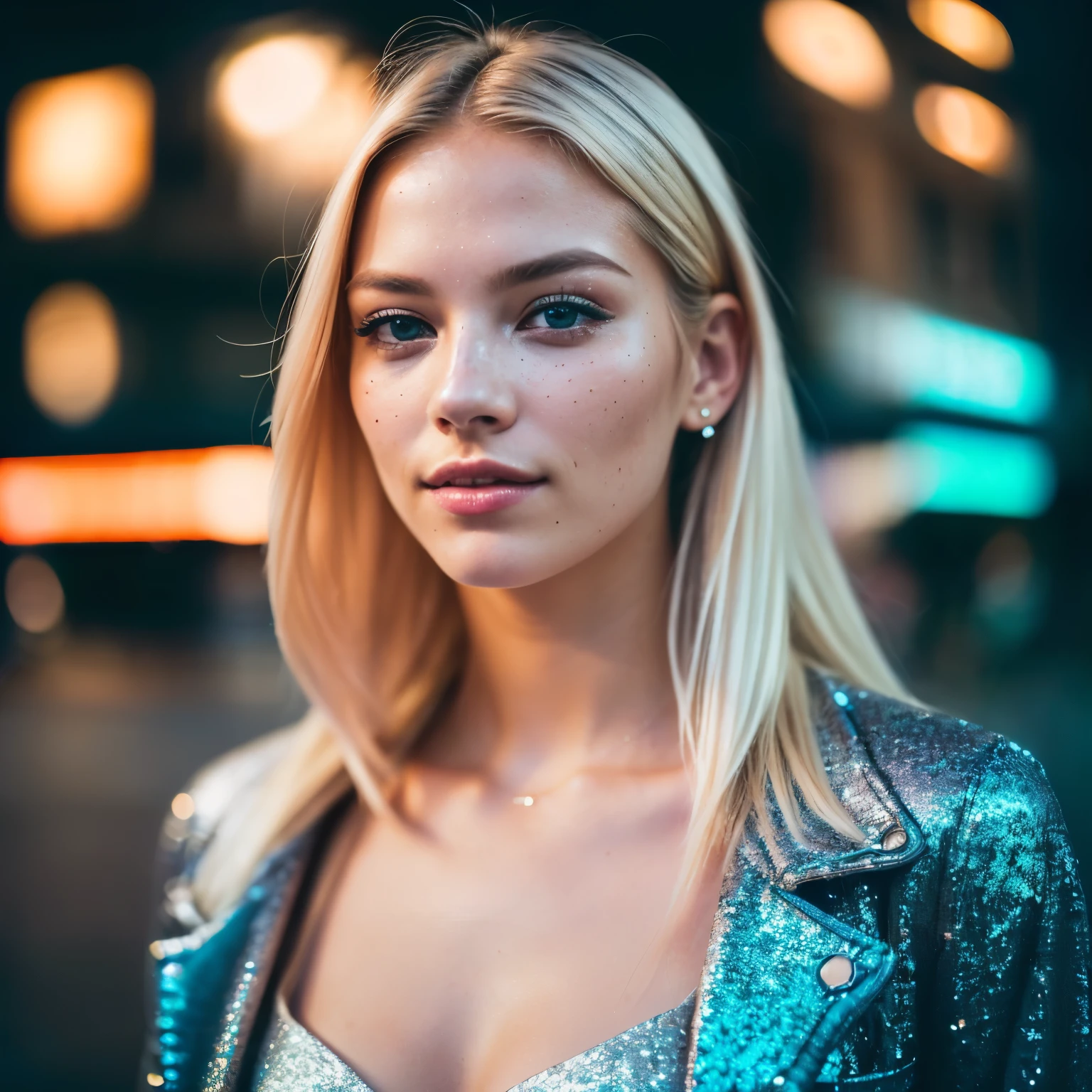 (straight full of the body , RAW UHD portrait photo of a 24-year-old blonde walking down a park (neckline), details (textures! , hair! , glitter, color!! , disadvantages: 1.1), glossy eyes with high detail (looking at the camera), SLR lighting, SLR camera, ultra-quality, sharpness, depth of field, film grain (center), Fujifilm XT3, crystal clear, frame center, beautiful face, sharp focus, street lamp, neon lighting, bokeh (dimly lit), ), detailed skin pores, oily skin, sunburn, complex eye details