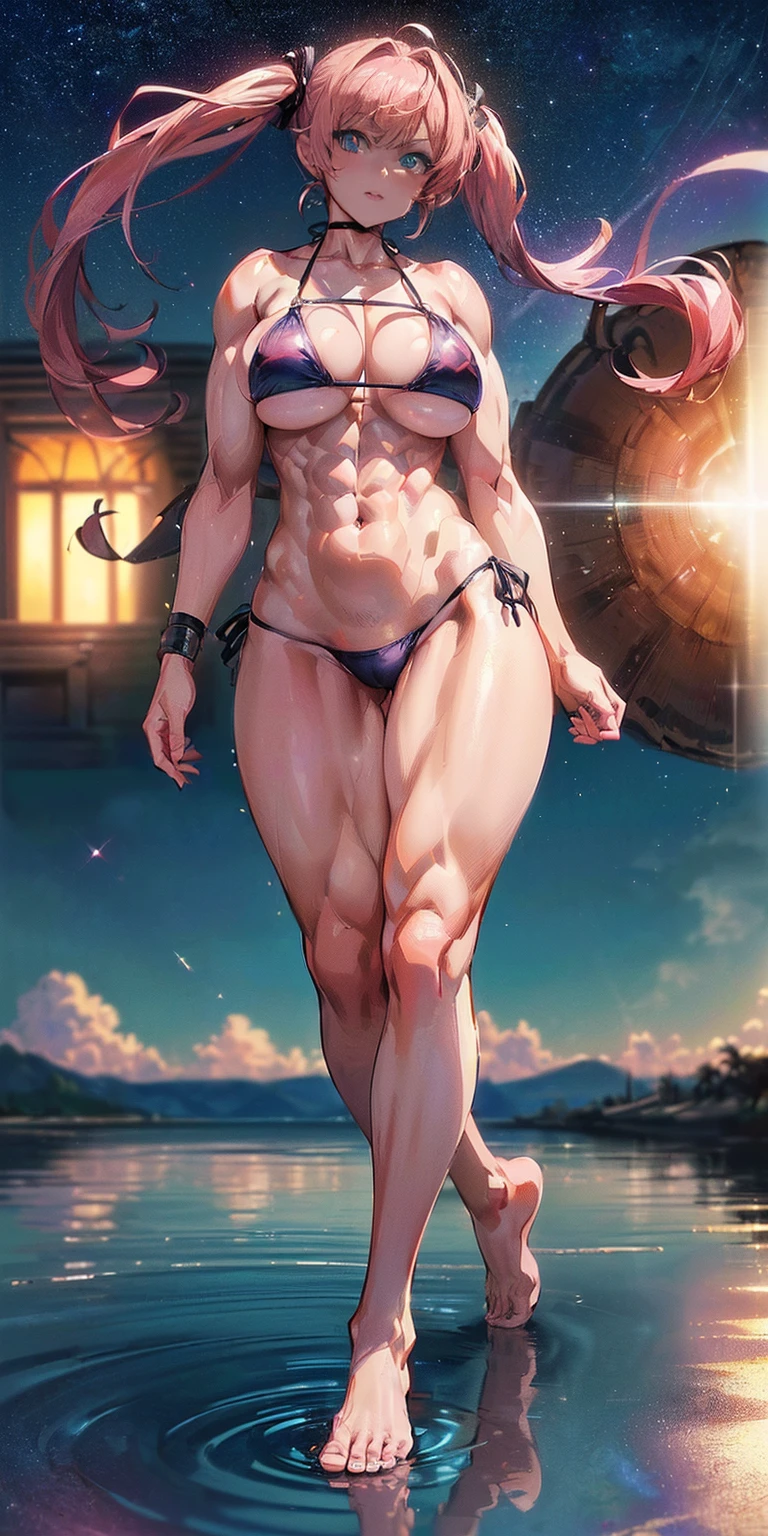 1 girl, (medium breasts))), (((wearing short bikini))), (long pink hair), (((blue eyes))), thin arms, (on the beach at night with starry sky and a full moon of blood), (slim waist), (((muscular leguscular belly, bare feet, (((showing me your big asull body photo), (twintails), long eyes, eye flare, bad mood, anime, anime style, ray tracing, reflection, drop shadow, panorama, Sony FE, 8k, UDisk, masterpiece, accurate, anatomically correct, Super detail, best quality, ultra-high resolution, Hard Udisk, 16k