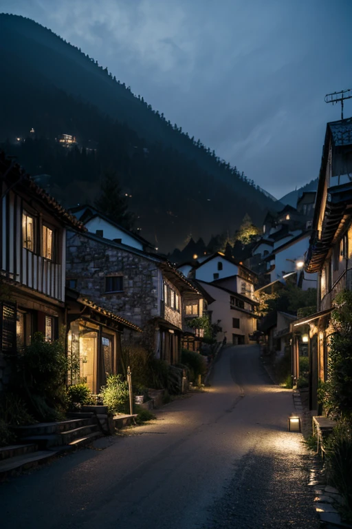 Poor small mountain village streets, villagers, old houses, very detailed, night, gloomy, terrifying, overlooking