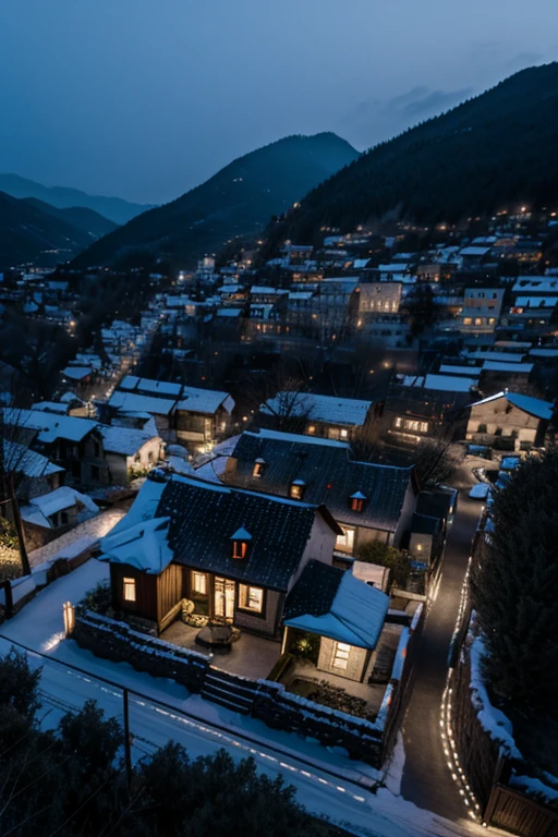 Poor small mountain village streets, villagers, old houses, very detailed, night, gloomy, terrifying, overlooking