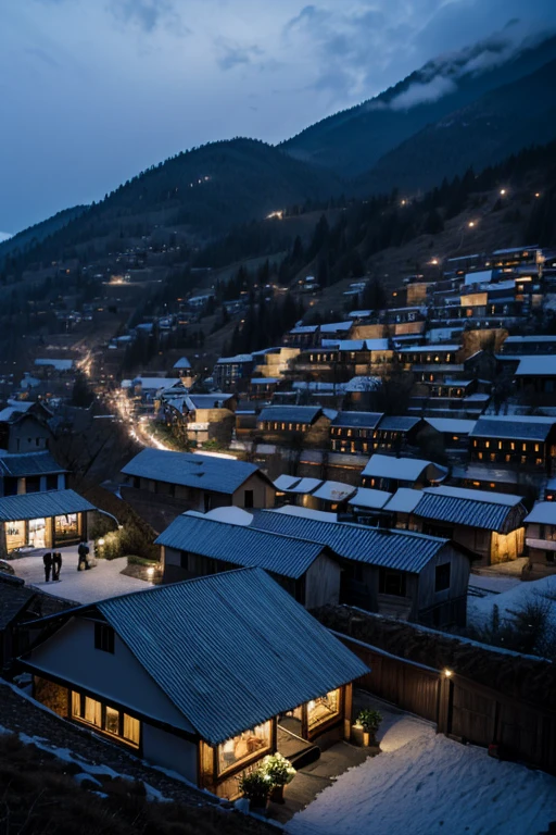 Poor small mountain village streets, villagers, old houses, very detailed, night, gloomy, terrifying, overlooking