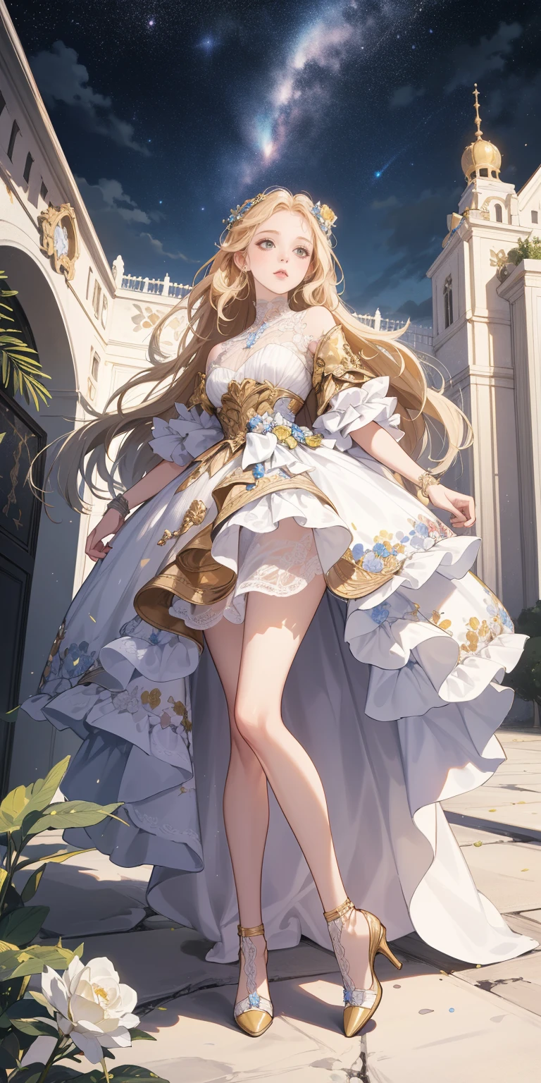 (absurderes,A high resolution,ultra - detailed),1girtural female,whaite hair,long whitr hair,bluntbangs,eBlue eyes,a stunning interpretation of nike high heel shoe sneaker, Beautiful dress, ads, solarpunk, highly detailed and intricate, Golden ratio, Very colorful, hypermaximalist, opulent, luxury goods, Gorgeous crystal palace, CG rendering European style, Overlooking, children's storybook, rose surround, Efeito de Luz, Heavenly, Starry sky, Super detail, illustration, 4K, illusory engine, ethereal cloud, HD..