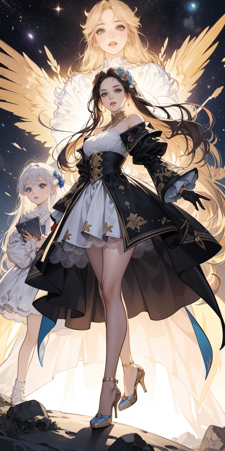 （absurderes，A high resolution，ultra - detailed），1girtural female，whaite hair，long whitr hair，bluntbangs，eBlue eyes，a stunning interpretation of nike high heel shoe sneaker, Beautiful dress, ads, solarpunk, highly detailed and intricate, Golden ratio, Very colorful, hypermaximalist, opulent, luxury goods, Gorgeous crystal palace, CG rendering European style, Overlooking, children's storybook, rose surround, Efeito de Luz, Heavenly, Starry sky, Super detail, illustration, 4K, illusory engine, ethereal cloud, HD..