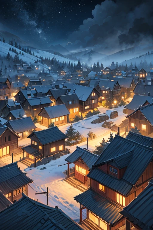 Poor small mountain village streets, villagers, old houses, very detailed, night, gloomy, terrifying, overlooking