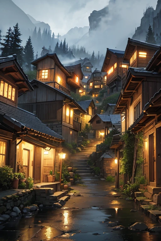 Poor small mountain village streets, villagers, old houses, very detailed, night, gloomy, terrifying, overlooking