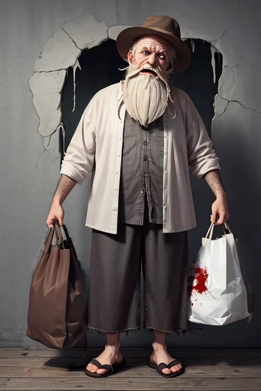 brown huge cloth bags covered in blood