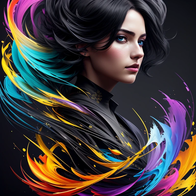 Colorful beautiful girl: a giru 28-years old, messy hair, oil painting, nice perfect face with soft skinice perfect face, blue yellow colors, light purple and violet additions, light red additions, intricate detail, splash screen, 8k resolution, masterpiece, cute face,artstation digital painting smooth veryBlack ink flow: 8k resolution photorealistic masterpiece: intricately detailed fluid gouache painting: by Jean Baptiste Mongue: calligraphy: acrylic: watercolor art, professional photography, natural lighting, volumetric lighting maximalist photoillustration: by marton bobzert:, complex, elegant, expansive, fantastical, wavy hair, vibrant, Best quality details, realistic, High definition, High quality texture, epic lighting, Cinematic film still, 8k, soft lighting, anime style, masterful playing card border, random Colorful art, oil painting, blue yellow colors, light purple and violet additions, light red additions, intricate detail, splash screen, 8k resolution, masterpiece, artstation digital painting smooth veryBlack ink flow: 8k resolution photorealistic masterpiece: intricately detailed fluid gouache painting: by Jean Baptiste Mongue: calligraphy: acrylic: watercolor art, professional photography, natural lighting, volumetric lighting maximalist photoillustration: by marton bobzert:, complex, elegant, expansive, fantastical, vibrant, ((dark plain black background:1.4))