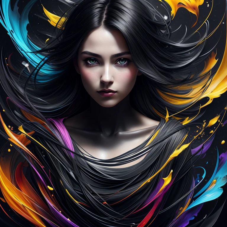 Colorful beautiful girl: a giru 28-years old, messy hair, oil painting, nice perfect face with soft skinice perfect face, blue yellow colors, light purple and violet additions, light red additions, intricate detail, splash screen, 8k resolution, masterpiece, cute face,artstation digital painting smooth veryBlack ink flow: 8k resolution photorealistic masterpiece: intricately detailed fluid gouache painting: by Jean Baptiste Mongue: calligraphy: acrylic: watercolor art, professional photography, natural lighting, volumetric lighting maximalist photoillustration: by marton bobzert:, complex, elegant, expansive, fantastical, wavy hair, vibrant, Best quality details, realistic, High definition, High quality texture, epic lighting, Cinematic film still, 8k, soft lighting, anime style, masterful playing card border, random Colorful art, oil painting, blue yellow colors, light purple and violet additions, light red additions, intricate detail, splash screen, 8k resolution, masterpiece, artstation digital painting smooth veryBlack ink flow: 8k resolution photorealistic masterpiece: intricately detailed fluid gouache painting: by Jean Baptiste Mongue: calligraphy: acrylic: watercolor art, professional photography, natural lighting, volumetric lighting maximalist photoillustration: by marton bobzert:, complex, elegant, expansive, fantastical, vibrant, ((dark plain black background:1.4))