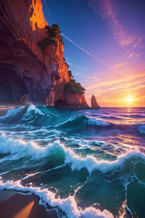 (masterpiece, best quality:1.4), cinematic light, colorful, high contrast, neon, sky, sunlight, space, beach, wave, no people, expansive landscape photography, (a view from below that shows the sky above and the sea below use a lot of purple and orange, details, warm colors and vibrant Japanese anime style  
