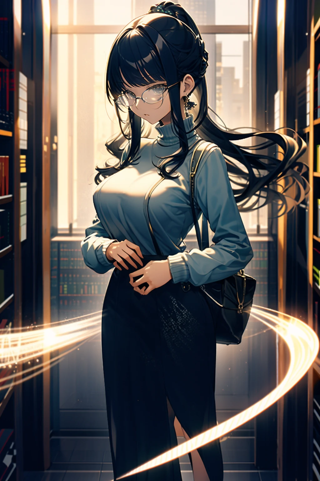 full-body close-up, create an elegant atmosphere, (masterpiece),(best quality), glasses, chakumomi, pov hand, breast grab, (embarrassed),sweater, in library,