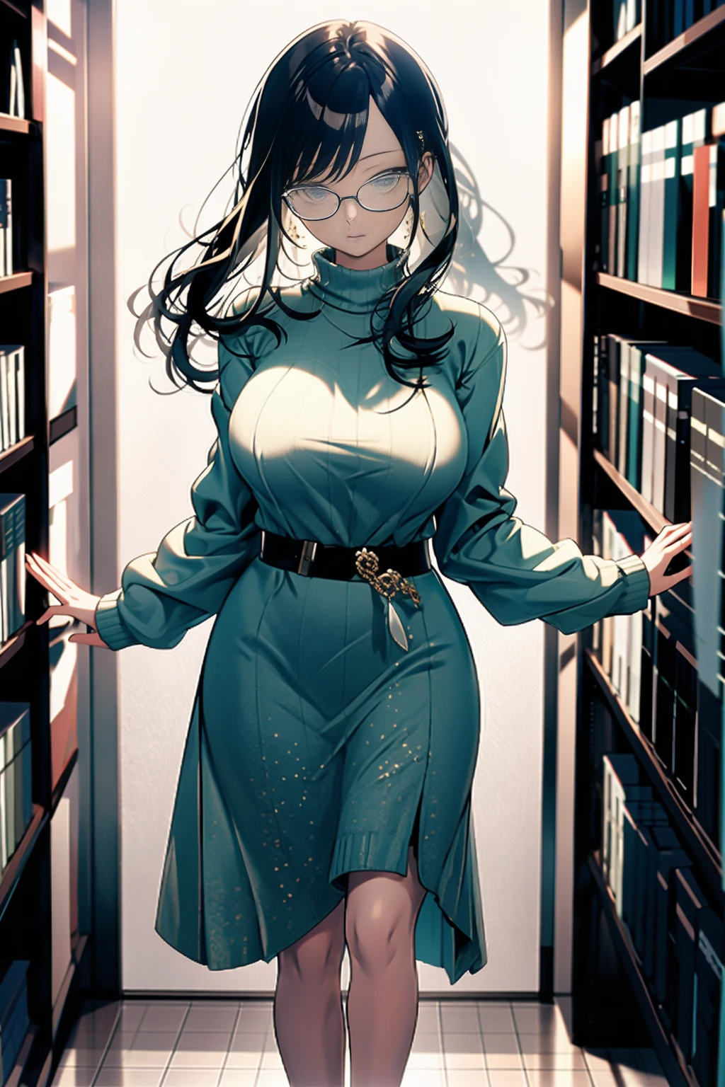 full-body close-up, create an elegant atmosphere, (masterpiece),(best quality), glasses, chakumomi, pov hand, breast grab, (embarrassed),sweater, in library,