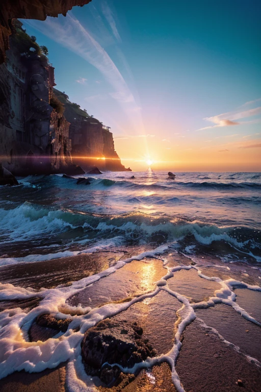 (masterpiece, best quality:1.4), cinematic light, colorful, high contrast, neon, sky, sunlight, space, beach, wave, no people, expansive landscape photography, (a view from below that shows the sky above and the sea below use a lot of purple and orange, details, warm colors and vibrant Japanese anime style