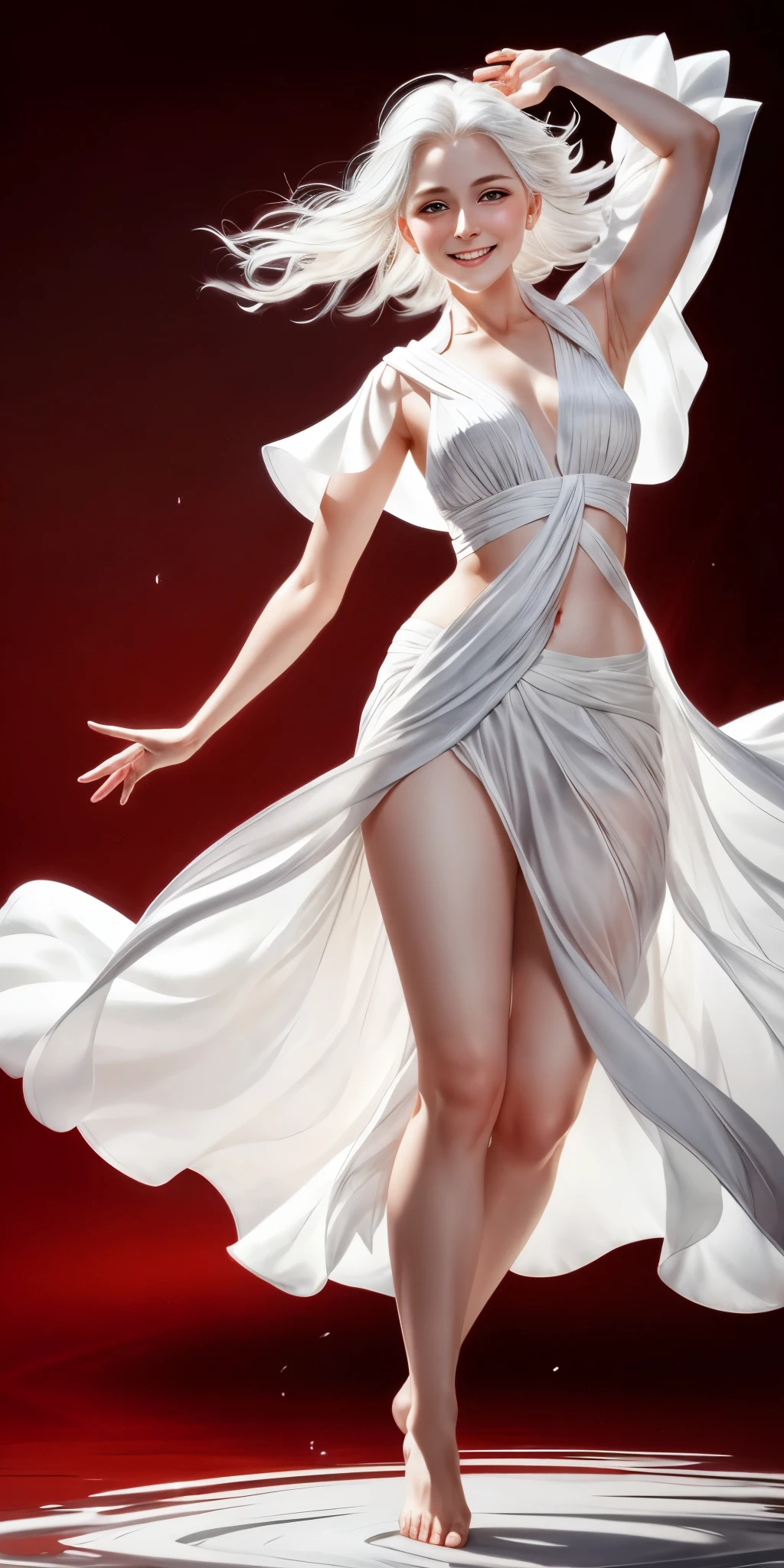 full-body close-up, create an elegant atmosphere), white short skirt, white hair shawl, graceful flowing, elegant movements, lustful smirking smile expression (red blush), floating in the air, (1girl), slim figure)