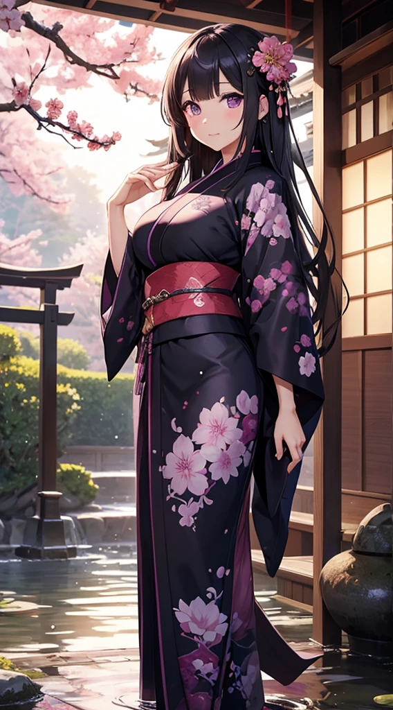 (enchanting)、beautiful woman with big breasts、purple eyes、(plum blossom pattern)、black kimono、(wet kimono)、long hair down to the waist、water droplets、Climbing dragon、standing position、embarrassed face、(evening)、Japanese garden、