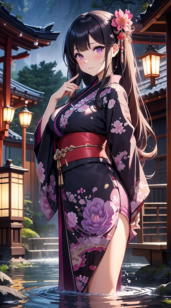 (enchanting)、beautiful woman with big breasts、purple eyes、(plum blossom pattern)、black kimono、(wet kimono)、long hair down to the waist、water droplets、Climbing dragon、standing position、embarrassed face、(evening)、Japanese garden、