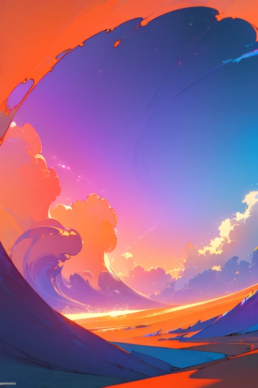 (masterpiece, best quality:1.4), cinematic light, colorful, high contrast, neon, sky, sunlight, space, beach, wave, no people, expansive landscape photography, (a view from below that shows the sky above and the sea below use a lot of purple and orange, details, warm colors and vibrant Japanese anime style  