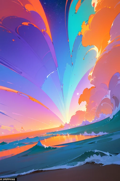 (masterpiece, best quality:1.4), cinematic light, colorful, high contrast, neon, sky, sunlight, space, beach, wave, no people, expansive landscape photography, (a view from below that shows the sky above and the sea below use a lot of purple and orange, details, warm colors and vibrant Japanese anime style