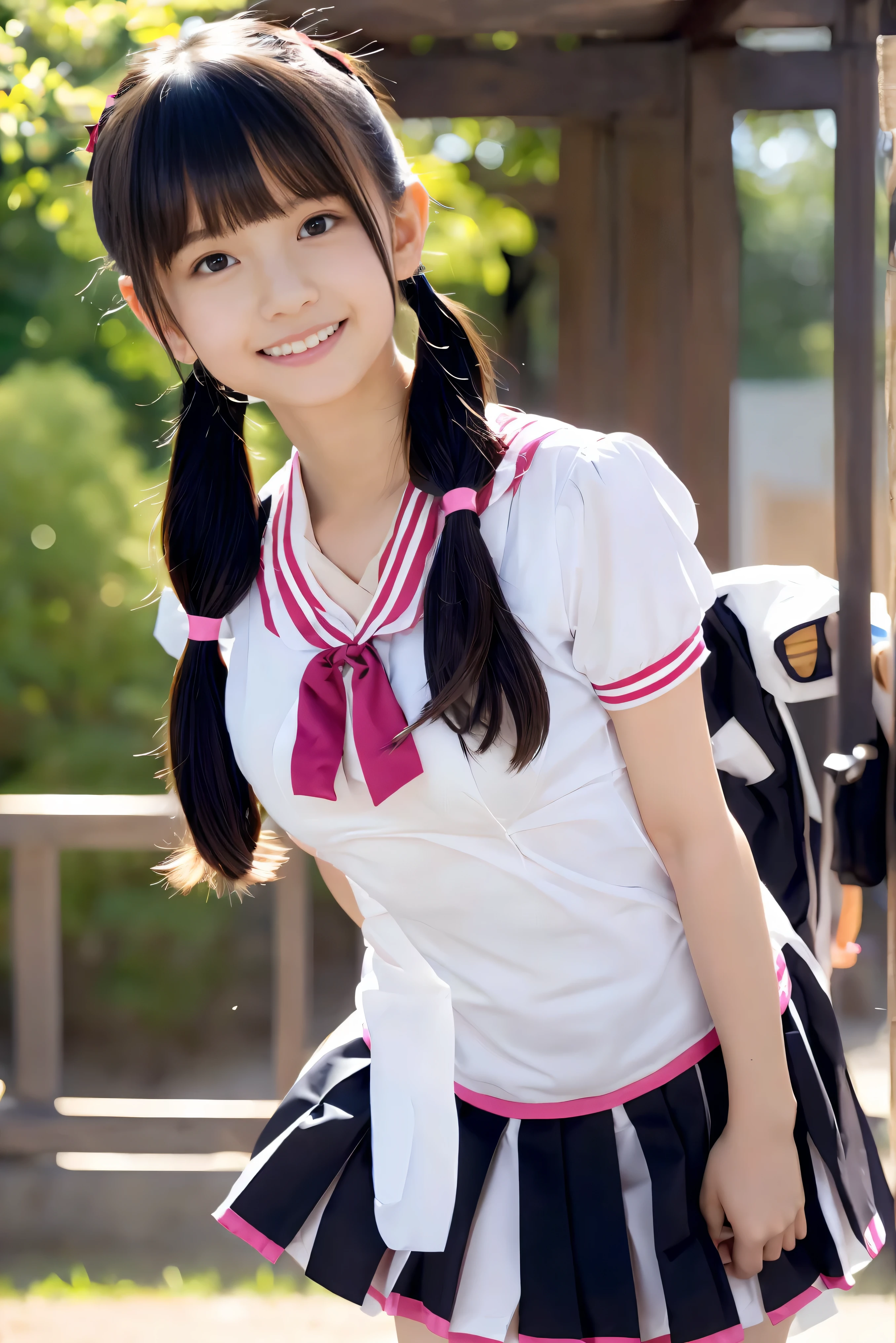 (Best Quality,4K,High resolution:1.2), Ultra-detailed, Realistic portrait, Best Quality, (outside japanese high school), (passionate scene),one very young looking high school girl, (intense emotion), (carp), (kiss:1.1), , (open eyes),(innocent look), student clothes, long black hair with bows and ribbons、Mini Pleated Skirt、(Stockings), standing, open mouth, (very big breasts), lingerie, pigtails, thin tiny waist, black and pink marching band uniform with bow, having fun, small body, big brown eyes, big cute smile, (full body, perfect long legs, looking up staring into camera, far away), muscular lean abs, (tight cropped blouse)