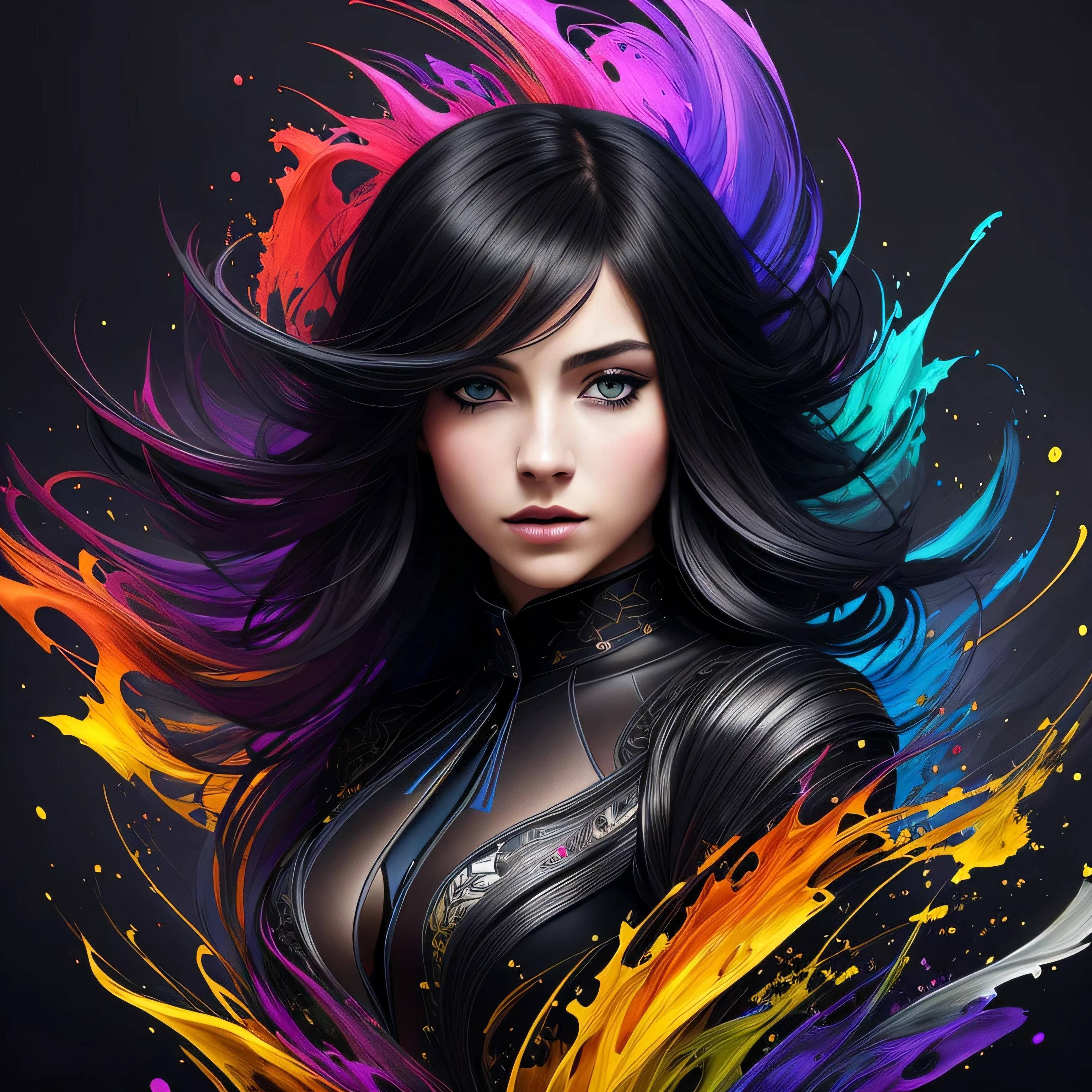 Colorful beautiful girl: a giru 28-years old, messy hair, oil painting, nice perfect face with soft skinice perfect face, blue yellow colors, light purple and violet additions, light red additions, intricate detail, splash screen, 8k resolution, masterpiece, cute face,artstation digital painting smooth veryBlack ink flow: 8k resolution photorealistic masterpiece: intricately detailed fluid gouache painting: by Jean Baptiste Mongue: calligraphy: acrylic: watercolor art, professional photography, natural lighting, volumetric lighting maximalist photoillustration: by marton bobzert:, complex, elegant, expansive, fantastical, wavy hair, vibrant, Best quality details, realistic, High definition, High quality texture, epic lighting, Cinematic film still, 8k, soft lighting, anime style, masterful playing card border, random Colorful art, oil painting, blue yellow colors, light purple and violet additions, light red additions, intricate detail, splash screen, 8k resolution, masterpiece, artstation digital painting smooth veryBlack ink flow: 8k resolution photorealistic masterpiece: intricately detailed fluid gouache painting: by Jean Baptiste Mongue: calligraphy: acrylic: watercolor art, professional photography, natural lighting, volumetric lighting maximalist photoillustration: by marton bobzert:, complex, elegant, expansive, fantastical, vibrant, ((dark plain black background:1.4))