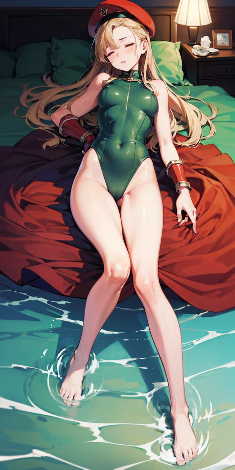 full-body close-up, create an elegant atmosphere), barefoot on water, sleeping on waterbed ((top-quality)), cammy, Olive Drab leotard, Red beret, Beautiful skins, Beautiful belly, hips up, sweet,