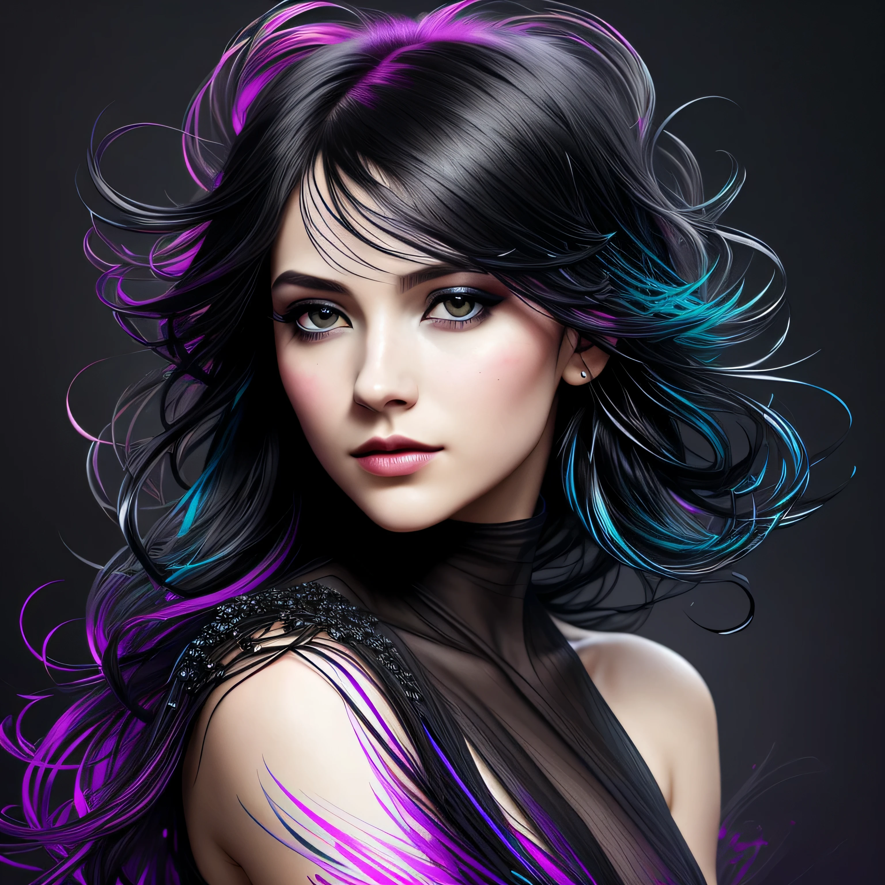 Colorful beautiful girl: a giru 28-years old, messy hair, oil painting, nice perfect face with soft skinice perfect face, blue yellow colors, light purple and violet additions, light red additions, intricate detail, splash screen, 8k resolution, masterpiece, cute face,artstation digital painting smooth veryBlack ink flow: 8k resolution photorealistic masterpiece: intricately detailed fluid gouache painting: by Jean Baptiste Mongue: calligraphy: acrylic: watercolor art, professional photography, natural lighting, volumetric lighting maximalist photoillustration: by marton bobzert:, complex, elegant, expansive, fantastical, wavy hair, vibrant, Best quality details, realistic, High definition, High quality texture, epic lighting, Cinematic film still, 8k, soft lighting, anime style, masterful playing card border, random Colorful art, oil painting, blue yellow colors, light purple and violet additions, light red additions, intricate detail, splash screen, 8k resolution, masterpiece, artstation digital painting smooth veryBlack ink flow: 8k resolution photorealistic masterpiece: intricately detailed fluid gouache painting: by Jean Baptiste Mongue: calligraphy: acrylic: watercolor art, professional photography, natural lighting, volumetric lighting maximalist photoillustration: by marton bobzert:, complex, elegant, expansive, fantastical, vibrant, ((dark plain black background:1.4))