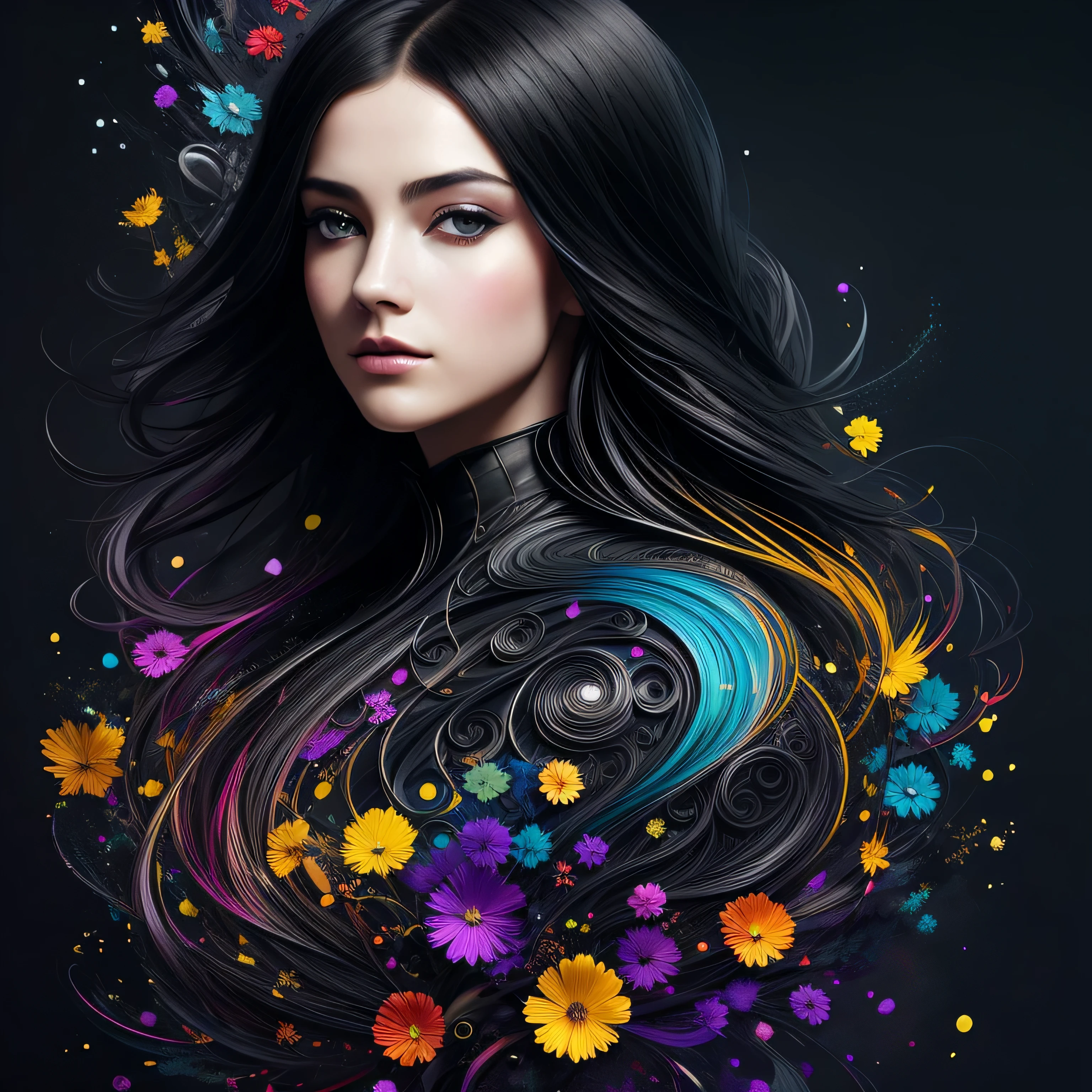 Colorful beautiful girl: a giru 28-years old, messy hair, oil painting, nice perfect face with soft skinice perfect face, blue yellow colors, light purple and violet additions, light red additions, intricate detail, splash screen, 8k resolution, masterpiece, cute face,artstation digital painting smooth veryBlack ink flow: 8k resolution photorealistic masterpiece: intricately detailed fluid gouache painting: by Jean Baptiste Mongue: calligraphy: acrylic: watercolor art, professional photography, natural lighting, volumetric lighting maximalist photoillustration: by marton bobzert:, complex, elegant, expansive, fantastical, wavy hair, vibrant, Best quality details, realistic, High definition, High quality texture, epic lighting, Cinematic film still, 8k, soft lighting, anime style, masterful playing card border, random Colorful art, oil painting, blue yellow colors, light purple and violet additions, light red additions, intricate detail, splash screen, 8k resolution, masterpiece, artstation digital painting smooth veryBlack ink flow: 8k resolution photorealistic masterpiece: intricately detailed fluid gouache painting: by Jean Baptiste Mongue: calligraphy: acrylic: watercolor art, professional photography, natural lighting, volumetric lighting maximalist photoillustration: by marton bobzert:, complex, elegant, expansive, fantastical, vibrant, ((dark plain black background:1.4))