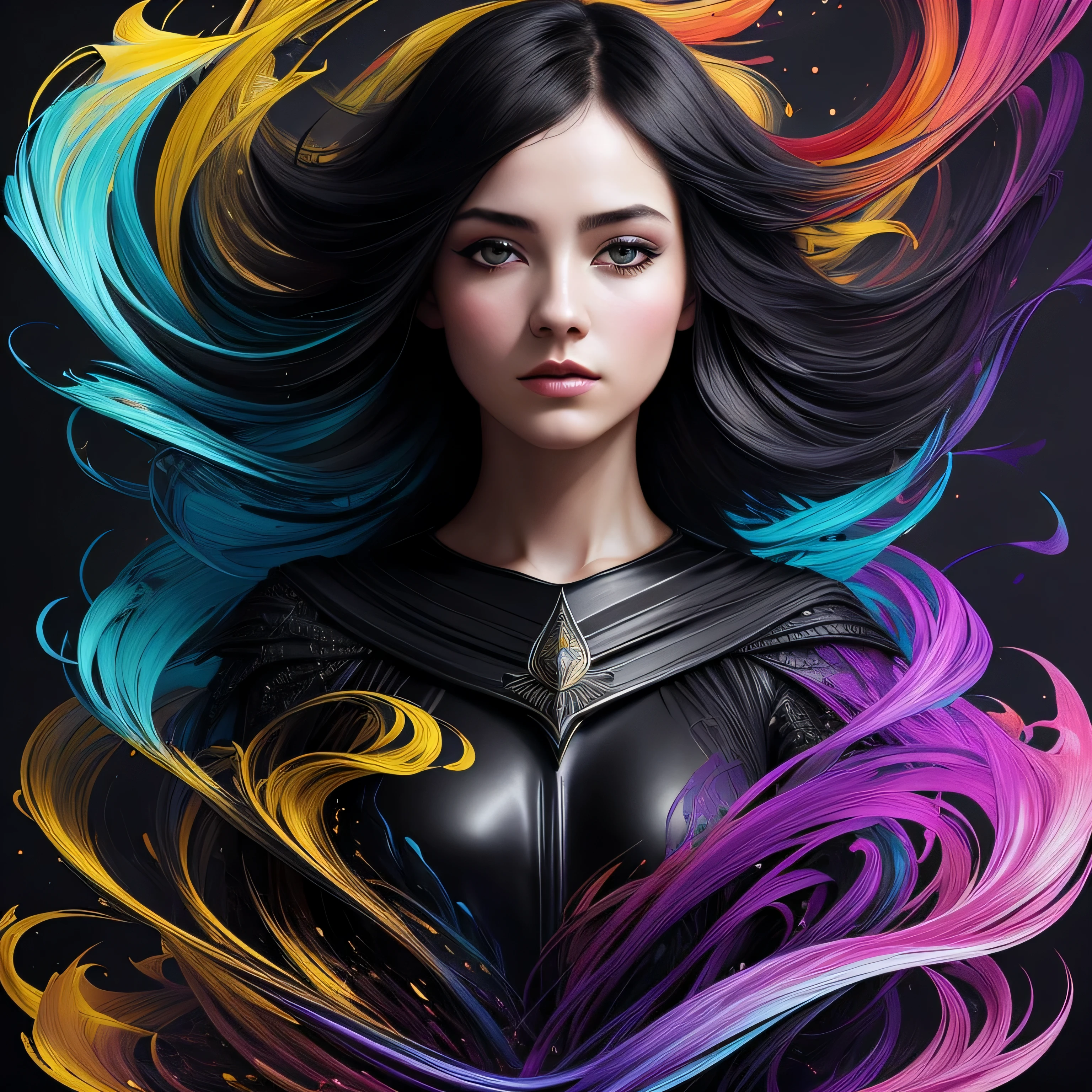 Colorful beautiful girl: a giru 28-years old, messy hair, oil painting, nice perfect face with soft skinice perfect face, blue yellow colors, light purple and violet additions, light red additions, intricate detail, splash screen, 8k resolution, masterpiece, cute face,artstation digital painting smooth veryBlack ink flow: 8k resolution photorealistic masterpiece: intricately detailed fluid gouache painting: by Jean Baptiste Mongue: calligraphy: acrylic: watercolor art, professional photography, natural lighting, volumetric lighting maximalist photoillustration: by marton bobzert:, complex, elegant, expansive, fantastical, wavy hair, vibrant, Best quality details, realistic, High definition, High quality texture, epic lighting, Cinematic film still, 8k, soft lighting, anime style, masterful playing card border, random Colorful art, oil painting, blue yellow colors, light purple and violet additions, light red additions, intricate detail, splash screen, 8k resolution, masterpiece, artstation digital painting smooth veryBlack ink flow: 8k resolution photorealistic masterpiece: intricately detailed fluid gouache painting: by Jean Baptiste Mongue: calligraphy: acrylic: watercolor art, professional photography, natural lighting, volumetric lighting maximalist photoillustration: by marton bobzert:, complex, elegant, expansive, fantastical, vibrant, ((dark plain black background:1.4))