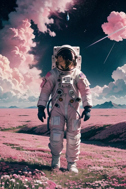 he astronaut walks in the sea of flowers dotted with pink clouds，The astronaut who is alone，The astronaut cannot leave this planet，The astronaut is lost in the boundless space.