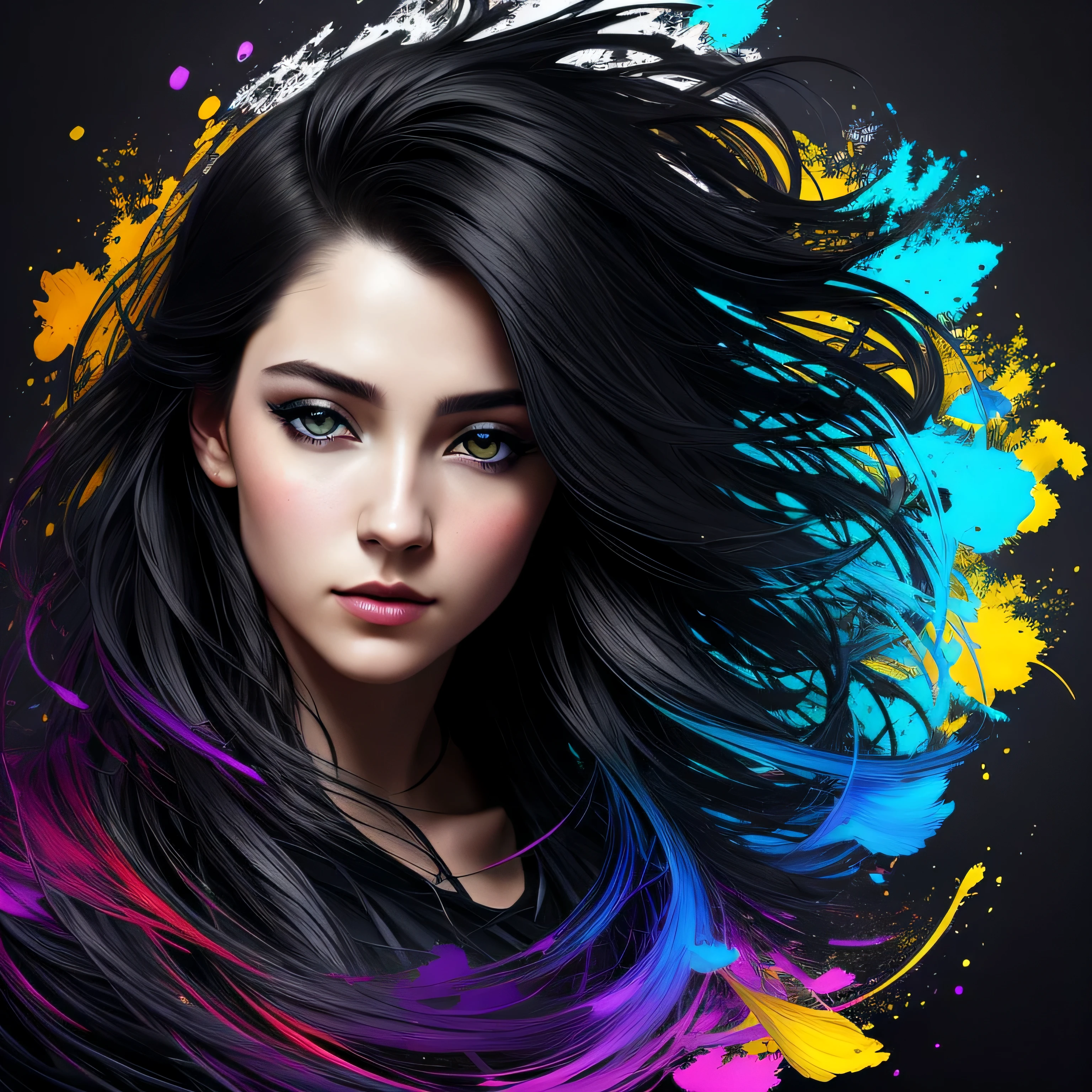 Colorful beautiful girl: a giru 28-years old, messy hair, oil painting, nice perfect face with soft skinice perfect face, blue yellow colors, light purple and violet additions, light red additions, intricate detail, splash screen, 8k resolution, masterpiece, cute face,artstation digital painting smooth veryBlack ink flow: 8k resolution photorealistic masterpiece: intricately detailed fluid gouache painting: by Jean Baptiste Mongue: calligraphy: acrylic: watercolor art, professional photography, natural lighting, volumetric lighting maximalist photoillustration: by marton bobzert:, complex, elegant, expansive, fantastical, wavy hair, vibrant, Best quality details, realistic, High definition, High quality texture, epic lighting, Cinematic film still, 8k, soft lighting, anime style, masterful playing card border, random Colorful art, oil painting, blue yellow colors, light purple and violet additions, light red additions, intricate detail, splash screen, 8k resolution, masterpiece, artstation digital painting smooth veryBlack ink flow: 8k resolution photorealistic masterpiece: intricately detailed fluid gouache painting: by Jean Baptiste Mongue: calligraphy: acrylic: watercolor art, professional photography, natural lighting, volumetric lighting maximalist photoillustration: by marton bobzert:, complex, elegant, expansive, fantastical, vibrant, ((dark plain black background:1.4))