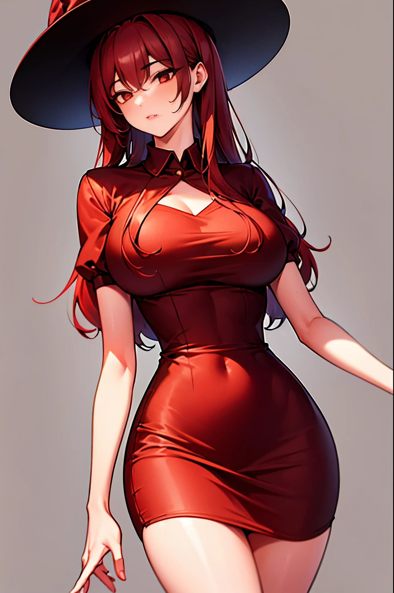 sexy style, 1 girl, mature, tall, dark red hair, long hair, straight hair with curled ends, dark red eyes, wearing a short skirt dress, dark red dress, witch hat on her head, red hat.