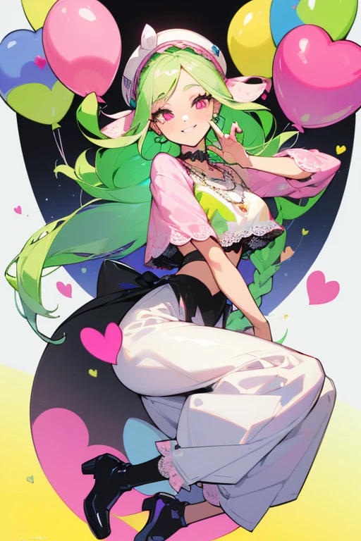 (Masterpiece: 1.5, Best quality, High resolution: 1.3, Super resolution, Super detailed, Ultra detailed: 1.3, Rich background: 1.2, 1 girl)) pale skin + long lime green hair + braided hair + pink eyes + eyelashes long + two hearts on cheeks + soft thighs + medium chest + long legs (pink top, white hippie lace jacket, black wide pants, high shoes, pearl necklace, cute hippie style) ((animated smile, pose holding a balloon approaching to the viewer) (colors used: white, light blue, pink, black, yellow +lime green))