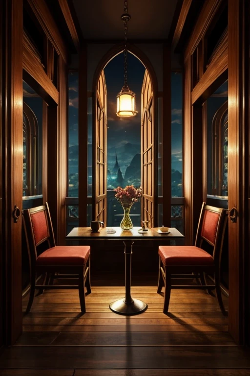 Fantasy background, cafe rpg style, empty chair, table, set of tea glass