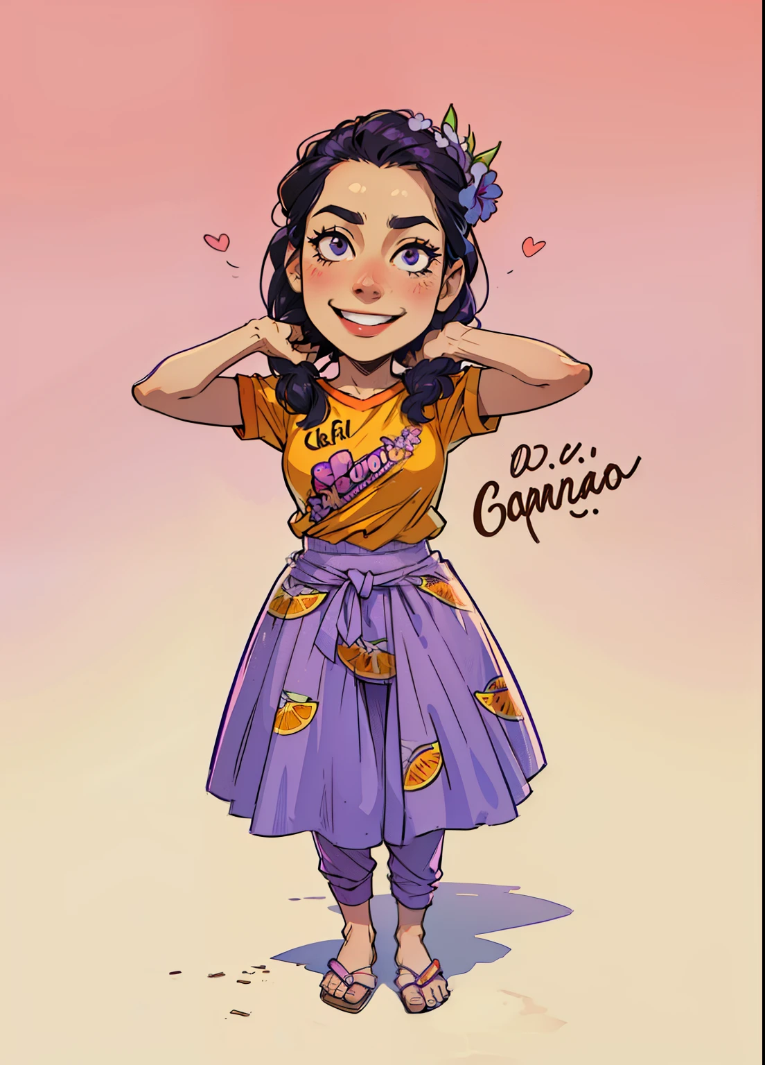 Caricatura, mulher, no estilo dos desenhos animados, camiseta laranja, saia de tule lilas, lilac pants, coracao estampado na camiseta, sorrindo.