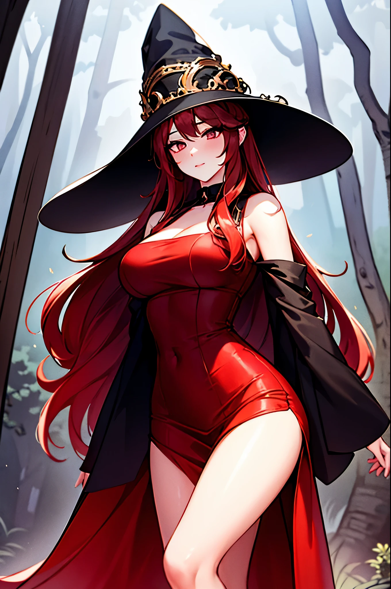 sexy style, 1 woman, mature, tall, dark red hair, long hair, straight hair with curled pontas, dark vermelhos eyes, wearing long saia dress, dark vermelho dress, dress split on the sides, showing legs, sexy legs, hat Witch on the head, red hat, mystical forest scene, good body anatomy, perfect lighting, illustration style.