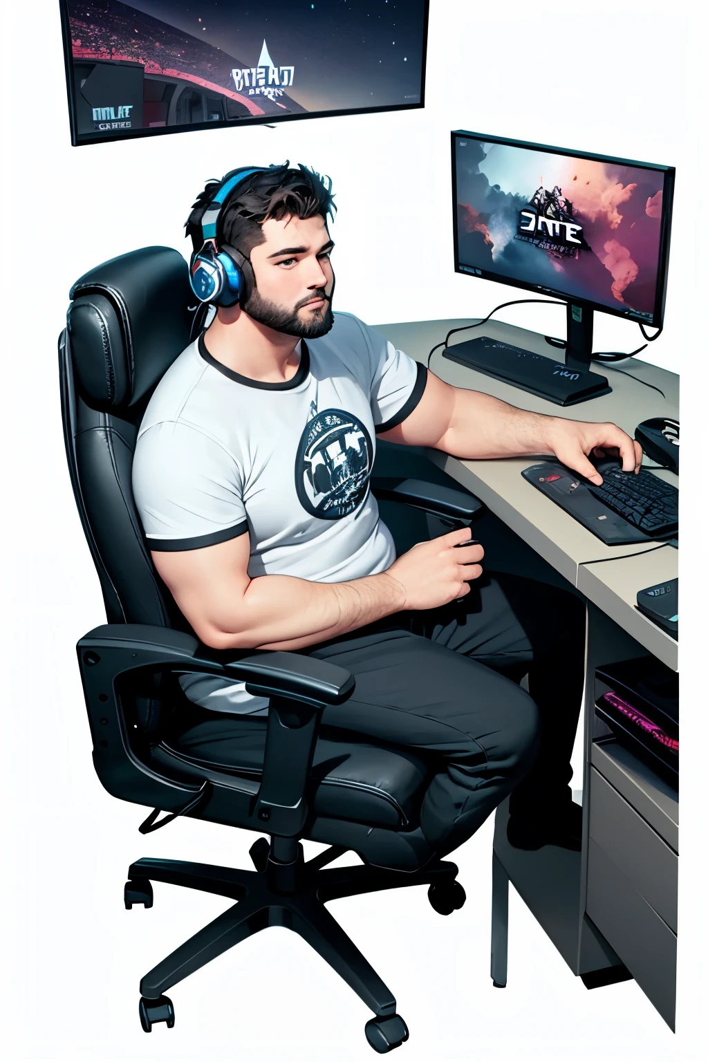 no text cartoon style, god like skiny fat British man with a big black beard wearing astro a40 headset sat in a gaming chair with and a gaming pc in the background has legs