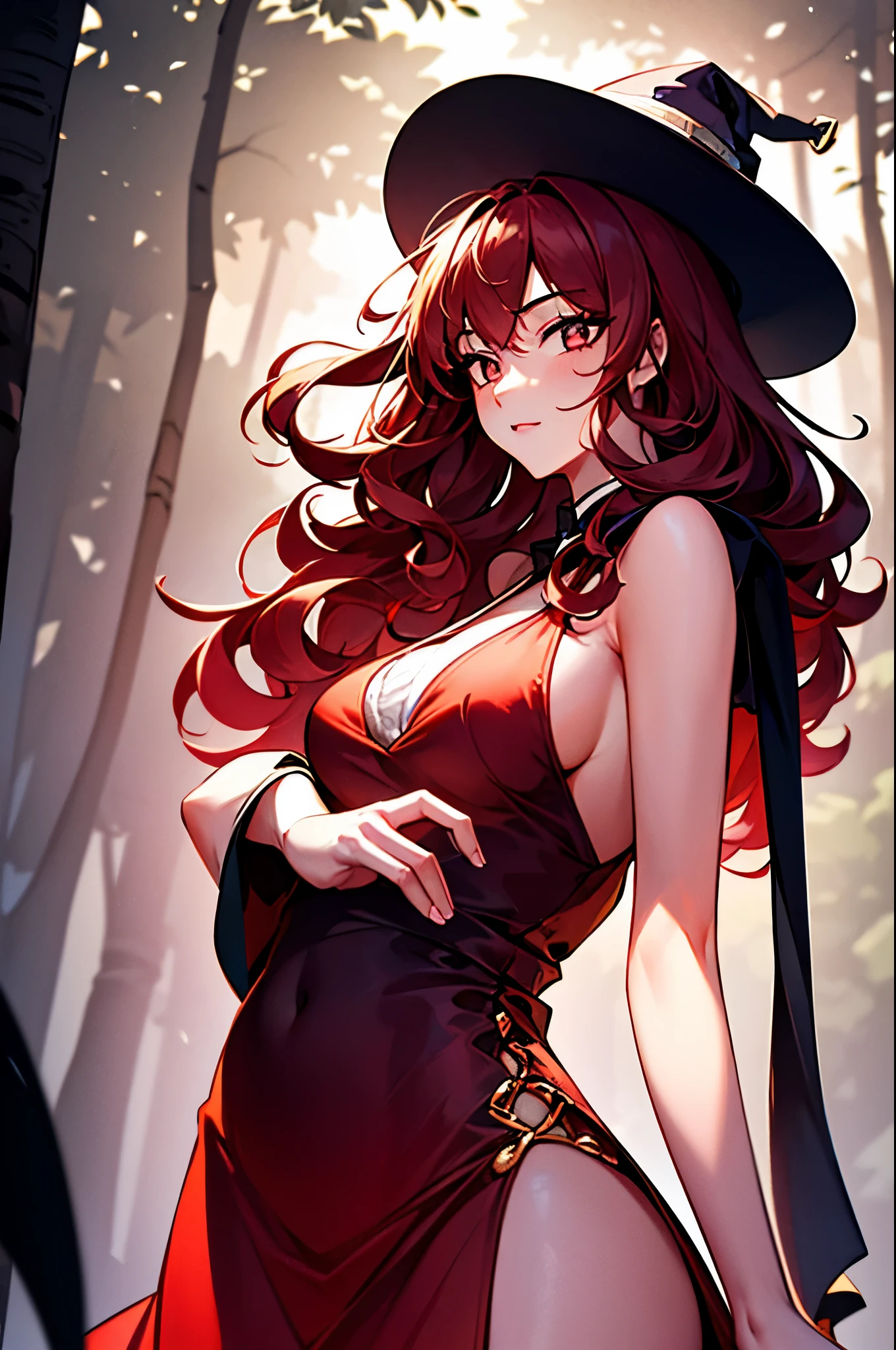 sexy style, 1 woman, mature, tall, dark red hair, long hair, straight hair with curled pontas, dark vermelhos eyes, wearing long saia dress, dark vermelho dress, dress split on the sides, showing legs, sexy legs, hat Witch on the head, red hat, mystical forest scene, good body anatomy, perfect lighting, illustration style.