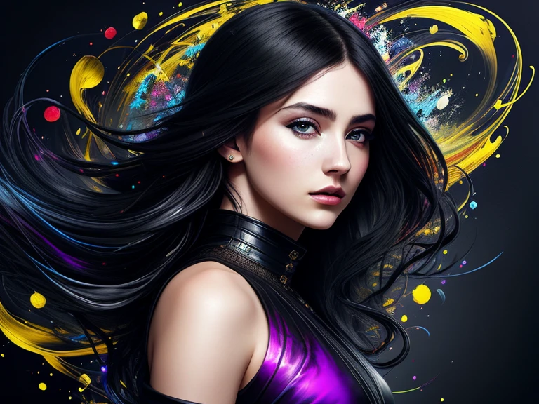 Colorful beautiful girl: a giru 28-years old, messy hair, oil painting, nice perfect face with soft skinice perfect face, blue yellow colors, light purple and violet additions, light red additions, intricate detail, splash screen, 8k resolution, masterpiece, cute face,artstation digital painting smooth veryBlack ink flow: 8k resolution photorealistic masterpiece: intricately detailed fluid gouache painting: by Jean Baptiste Mongue: calligraphy: acrylic: watercolor art, professional photography, natural lighting, volumetric lighting maximalist photoillustration: by marton bobzert:, complex, elegant, expansive, fantastical, wavy hair, vibrant, Best quality details, realistic, High definition, High quality texture, epic lighting, Cinematic film still, 8k, soft lighting, anime style, masterful playing card border, random Colorful art, oil painting, blue yellow colors, light purple and violet additions, light red additions, intricate detail, splash screen, 8k resolution, masterpiece, artstation digital painting smooth veryBlack ink flow: 8k resolution photorealistic masterpiece: intricately detailed fluid gouache painting: by Jean Baptiste Mongue: calligraphy: acrylic: watercolor art, professional photography, natural lighting, volumetric lighting maximalist photoillustration: by marton bobzert:, complex, elegant, expansive, fantastical, vibrant, ((dark plain black background:1.4))