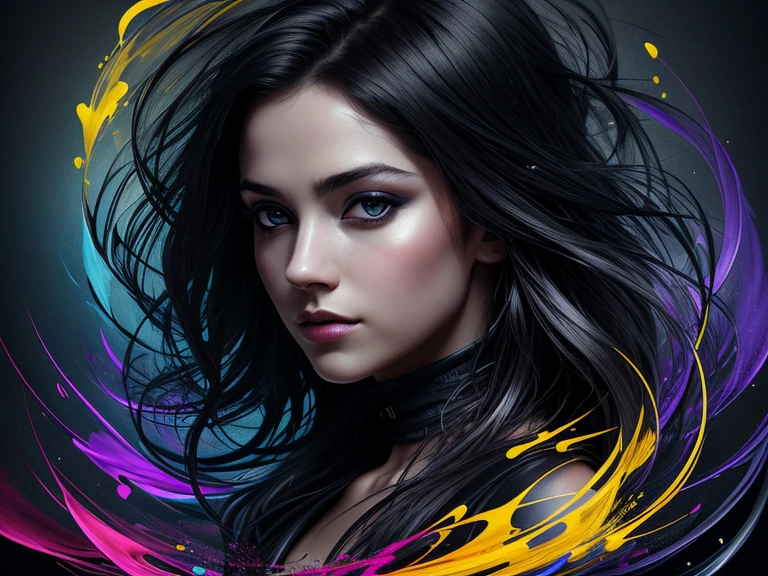 Colorful beautiful girl: a giru 28-years old, messy hair, oil painting, nice perfect face with soft skinice perfect face, blue yellow colors, light purple and violet additions, light red additions, intricate detail, splash screen, 8k resolution, masterpiece, cute face,artstation digital painting smooth veryBlack ink flow: 8k resolution photorealistic masterpiece: intricately detailed fluid gouache painting: by Jean Baptiste Mongue: calligraphy: acrylic: watercolor art, professional photography, natural lighting, volumetric lighting maximalist photoillustration: by marton bobzert:, complex, elegant, expansive, fantastical, wavy hair, vibrant, Best quality details, realistic, High definition, High quality texture, epic lighting, Cinematic film still, 8k, soft lighting, anime style, masterful playing card border, random Colorful art, oil painting, blue yellow colors, light purple and violet additions, light red additions, intricate detail, splash screen, 8k resolution, masterpiece, artstation digital painting smooth veryBlack ink flow: 8k resolution photorealistic masterpiece: intricately detailed fluid gouache painting: by Jean Baptiste Mongue: calligraphy: acrylic: watercolor art, professional photography, natural lighting, volumetric lighting maximalist photoillustration: by marton bobzert:, complex, elegant, expansive, fantastical, vibrant, ((dark plain black background:1.4))