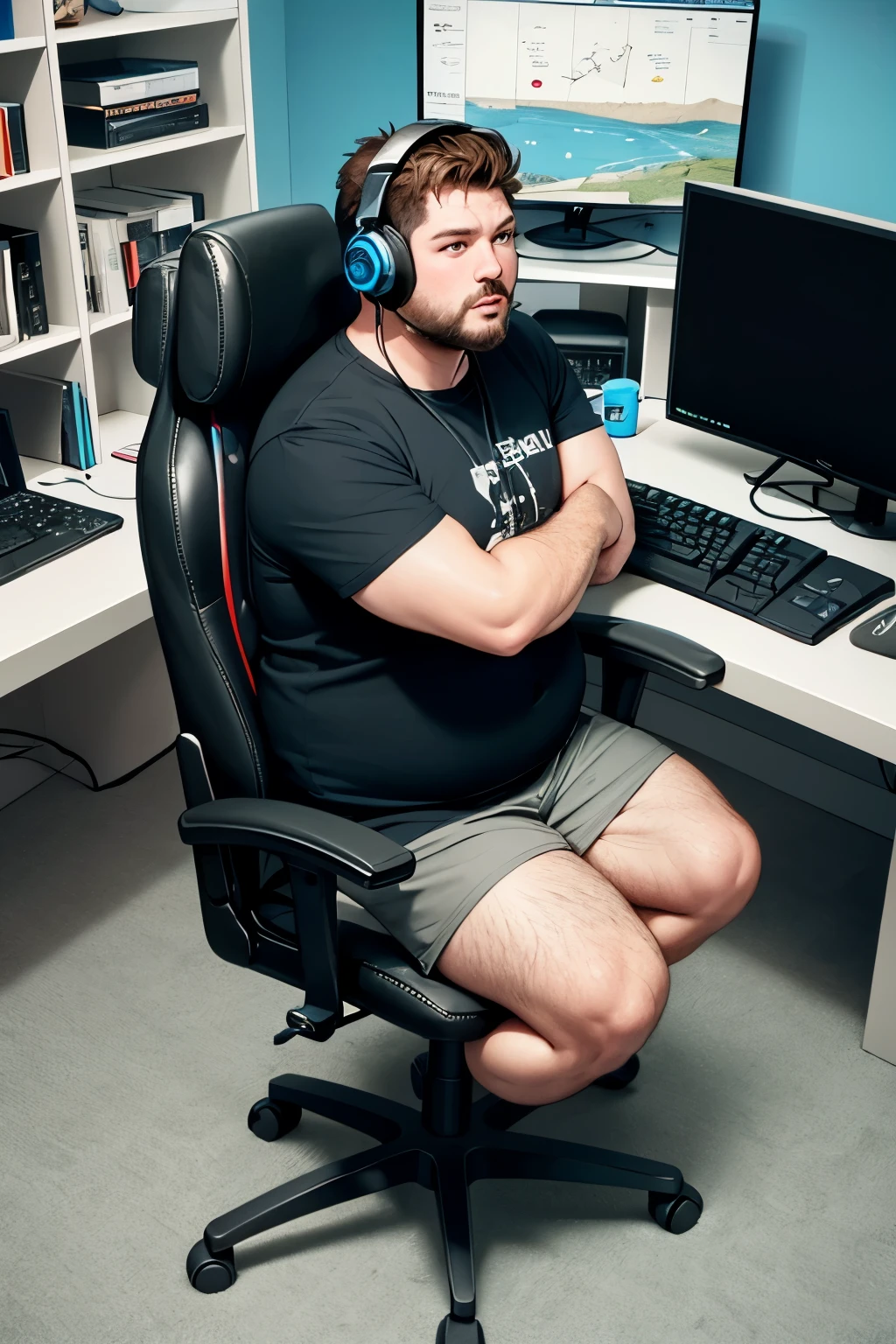 no text cartoon style, god like skiny fat British man with a big black beard wearing astro a40 headset sat in a gaming chair with and a gaming pc in the background has legs