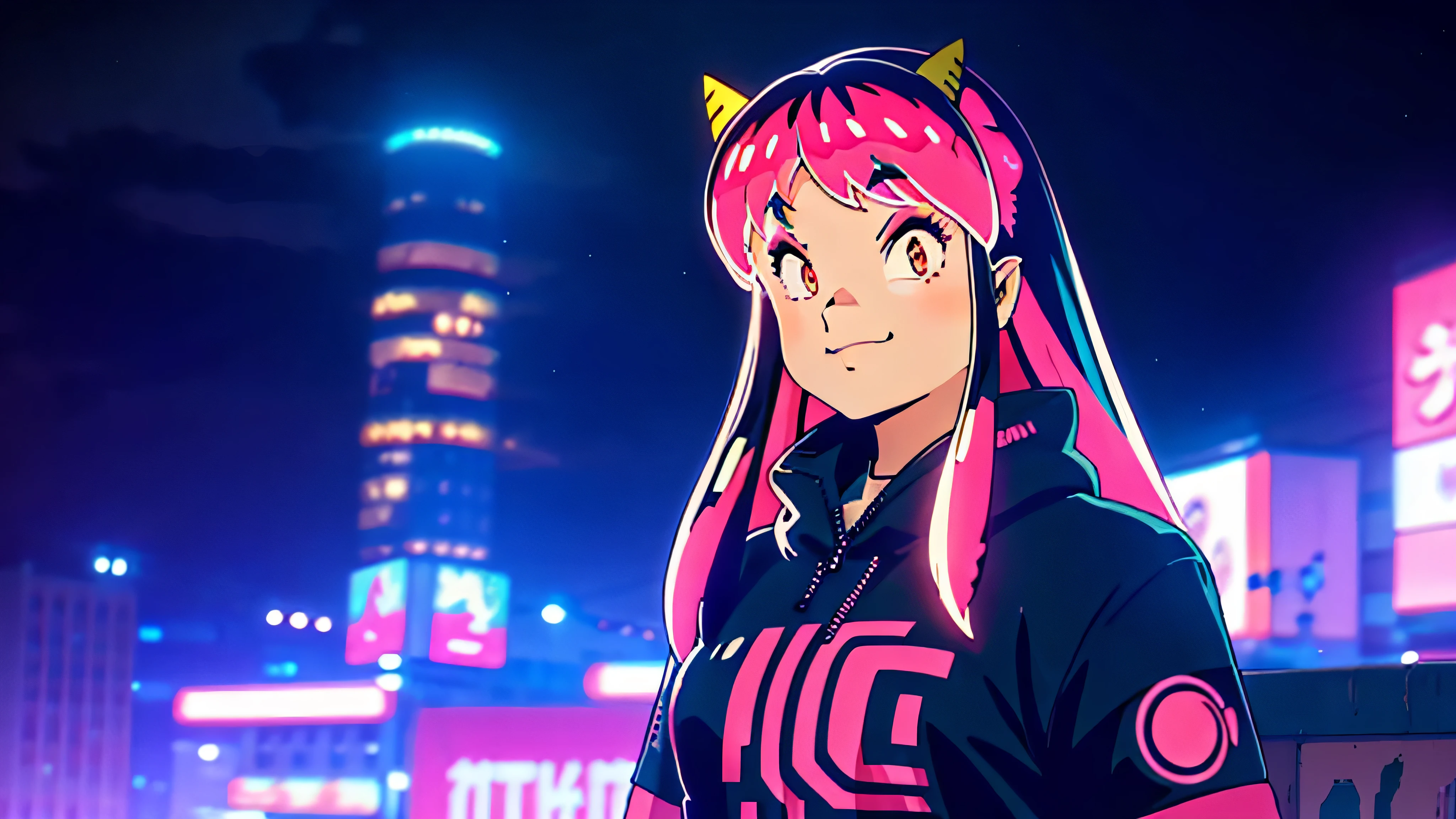 Night、smiling at the camera、TOKYOcity、neon cyberpunk background, master quality, hyper detailed face, 4k,