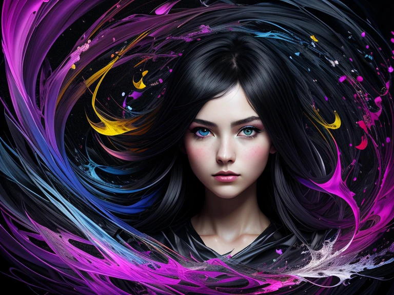 Colorful beautiful girl: a giru 28-years old, messy hair, oil painting, nice perfect face with soft skinice perfect face, blue yellow colors, light purple and violet additions, light red additions, intricate detail, splash screen, 8k resolution, masterpiece, cute face,artstation digital painting smooth veryBlack ink flow: 8k resolution photorealistic masterpiece: intricately detailed fluid gouache painting: by Jean Baptiste Mongue: calligraphy: acrylic: watercolor art, professional photography, natural lighting, volumetric lighting maximalist photoillustration: by marton bobzert:, complex, elegant, expansive, fantastical, wavy hair, vibrant, Best quality details, realistic, High definition, High quality texture, epic lighting, Cinematic film still, 8k, soft lighting, anime style, masterful playing card border, random Colorful art, oil painting, blue yellow colors, light purple and violet additions, light red additions, intricate detail, splash screen, 8k resolution, masterpiece, artstation digital painting smooth veryBlack ink flow: 8k resolution photorealistic masterpiece: intricately detailed fluid gouache painting: by Jean Baptiste Mongue: calligraphy: acrylic: watercolor art, professional photography, natural lighting, volumetric lighting maximalist photoillustration: by marton bobzert:, complex, elegant, expansive, fantastical, vibrant, ((dark plain black background:1.4))