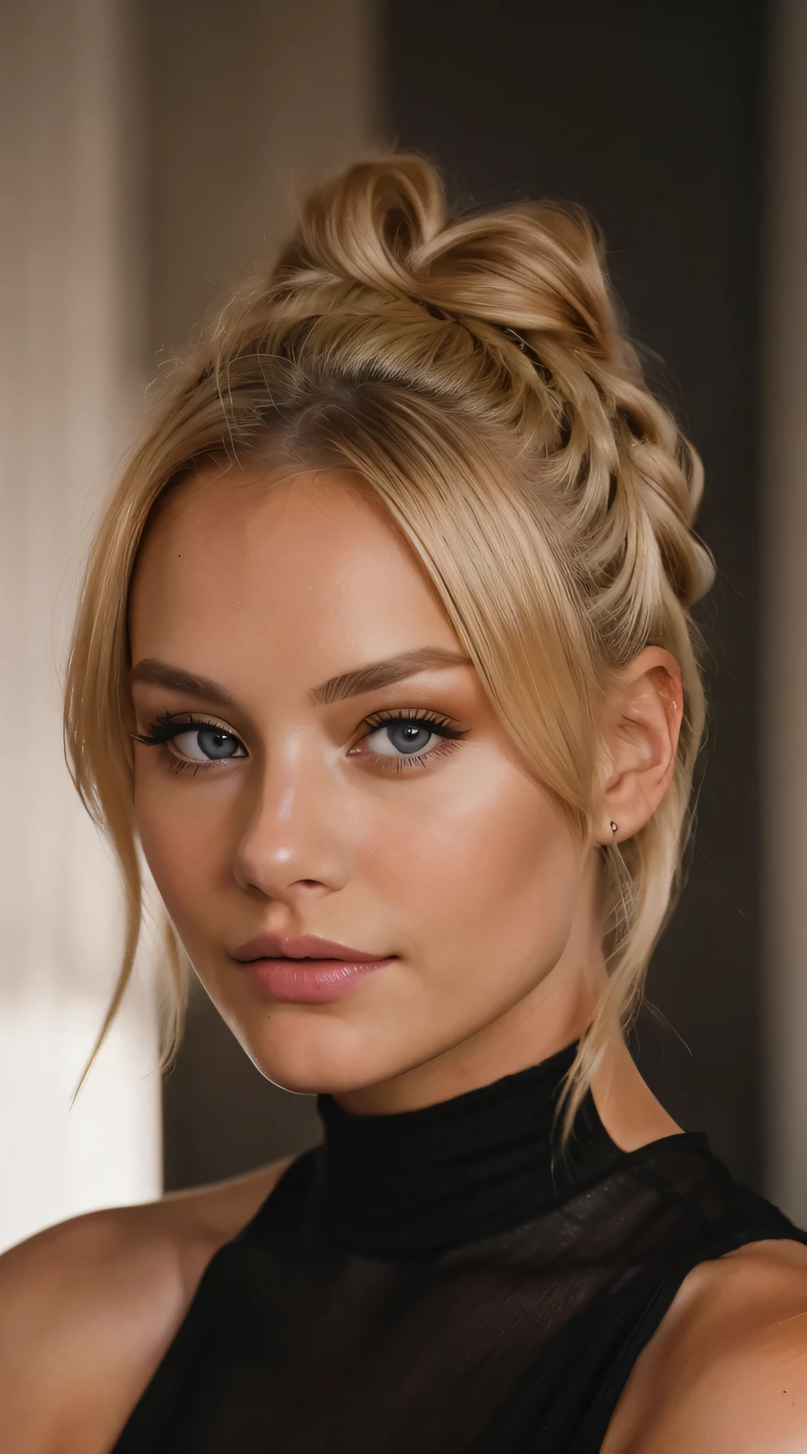 An eye contact of a blonde with a bun and dark theme